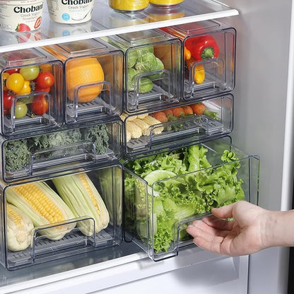 Pull Out Clear Fridge Organizer Drawers with Drainer, Refrigerator Stackable Storage Bins for Kitchen Fruit & Veggie Organization (Complete Set)