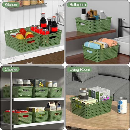 6 Packs Plastic Organizer Shelf Baskets, Desktop Weave Storage Basket, Green Storage Baskets for Cabinet, Pantry