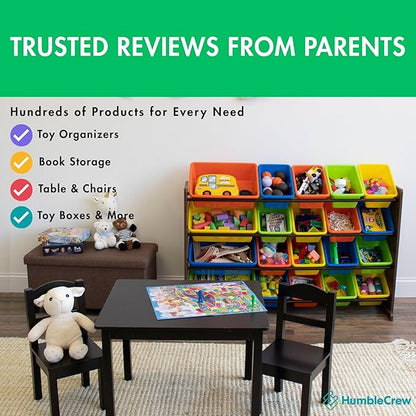 Humble Crew Extra-Large Toy Organizer with 20 Plastic Bins – Dark Walnut/Neon Storage Rack with 4-Tier Shelves, Anti-Tip Safety, for Kids’ Rooms, Playrooms, Nurseries & Classrooms