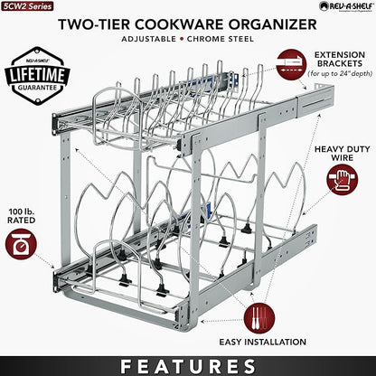 Rev-A-Shelf 2-Tier Kitchen Cabinet Pullout 11.75" Cabinet Organizer for Pots, Pans, and Lid Cookware, Adjustable Heavy Duty Wire, Chrome, 5CW2-1222-CR