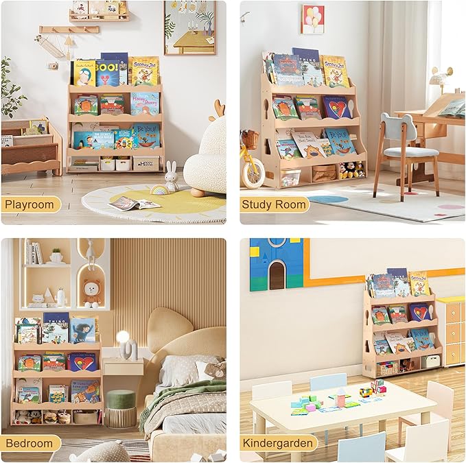 Wooden Kids Bookshelf, Book Shelf for Kids Rooms w/Scalloped Edges, Durable Childrens Bookshelf with 3 Cube Bins for Books & Toys - Toddler Montessori Bookcase Nursery