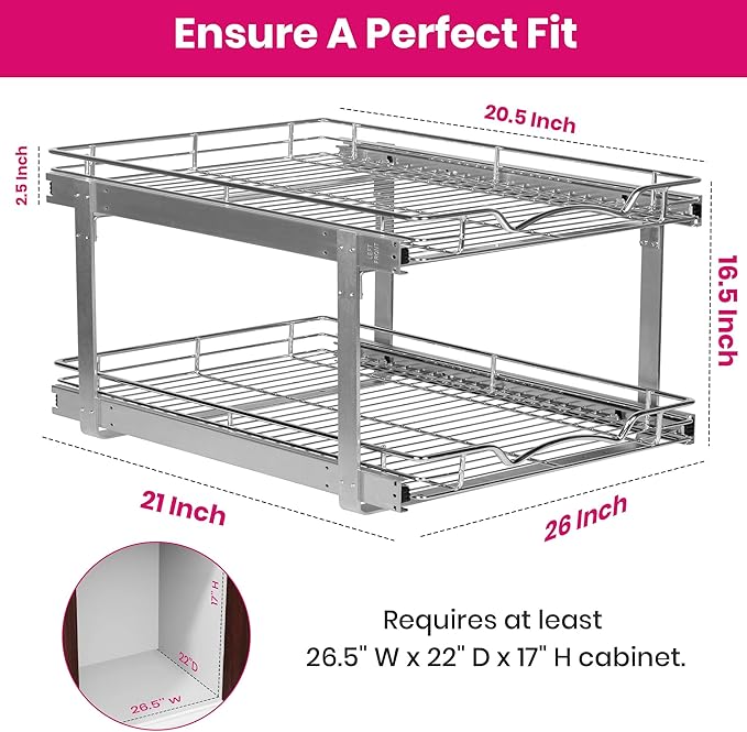 HOLDN’ STORAGE Two Tier Pull Out Cabinet Organizer, Individual Sliding Drawers - Heavy Duty Metal with Lifetime Limited Warranty - Anti Rust Chrome Finish - 26" W x 21”D x 16.5" H