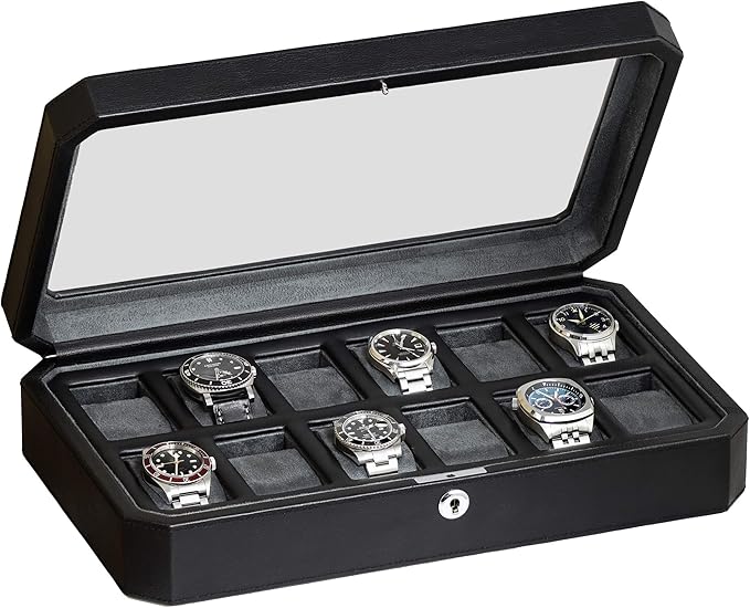 ROTHWELL 12 Slot Leather Watch Box for Men - Luxury Case Display Jewelry Organizer with Microsuede Liner - Travel Jewelry Case for Mens Accessories, Travel Organizer (Black & Grey)
