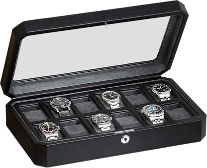 ROTHWELL 12 Slot Leather Watch Box for Men - Luxury Case Display Jewelry Organizer with Microsuede Liner - Travel Jewelry Case for Mens Accessories, Travel Organizer (Black & Grey)