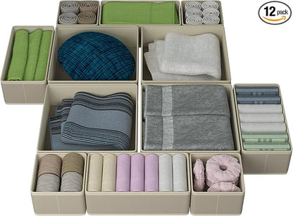 Drawer Organizer – 12 Pack Foldable Beige Fabric Storage Bins for Baby Clothes, Dresser, Closet, Towels, Socks, Diapers | Nursery & Bedroom Drawer Dividers for Home Organization