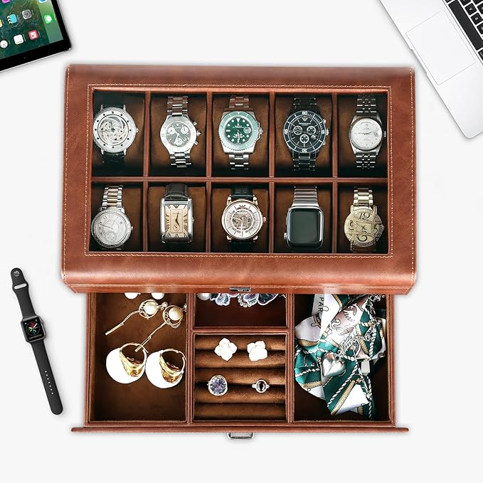 HELMDY Leather Watch Box with Drawer-10 Slots Locking Jewelry Watches Holder for Men-Luxury Watch Case Display Organizer-2 Tier Organizer Watch Showcase-Storage Case
