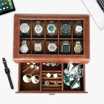 HELMDY Leather Watch Box with Drawer-10 Slots Locking Jewelry Watches Holder for Men-Luxury Watch Case Display Organizer-2 Tier Organizer Watch Showcase-Storage Case