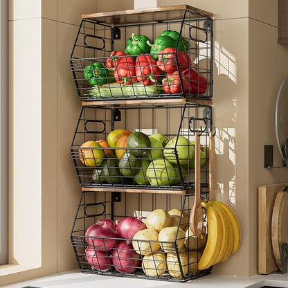 Delamu Stackable Metal Fruit Basket with Wood Lid 3 Pack, Hanging Wall Organizer for Kitchen Counter, Pantry Storage for Onions, Potatoes, Garli, Fruits, Spices, Black
