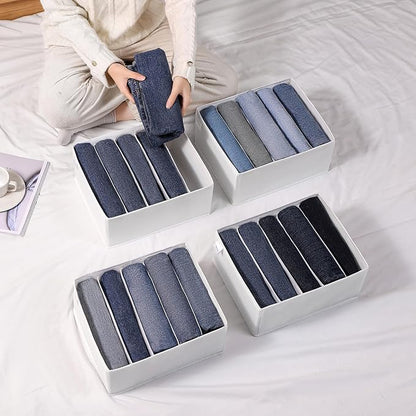 4 Packs Jeans Drawer Organizers for Clothing,5 Grids Compartment Wardrobe clothes organizer,Fabric Washable Closet Organizers and Storage Bins for Jeans,Pants,Bra,Legging,t-shirt-White