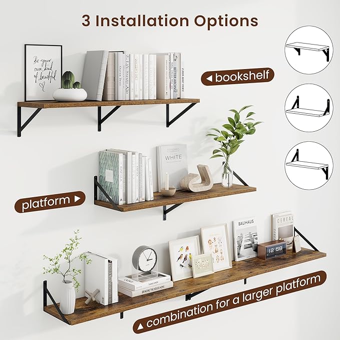 Axeman Deep Floating Shelves | 36 Inch Brown Wall Shelves Set of 2 | 10 Inch Deep Wood Floating Shelves for Wall | 36" W x 10" D Rustic Brown Shelves for Living Room Bathroom Kitchen