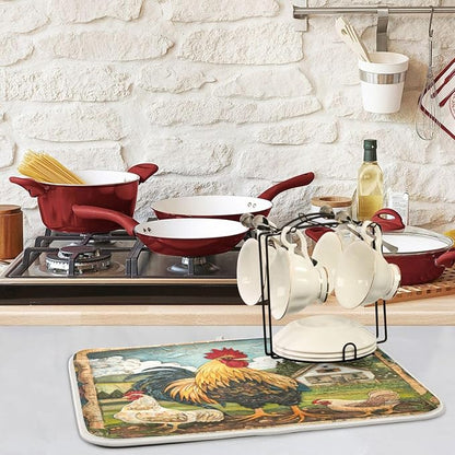 ZzWwR Rural Farm Painting House Rooster and Hen Absorbent Dish Drying Mat Microfiber Kitchen Countertop Table Protector Multi-Purpose Counter Rack Sink Drainer Pad (16" x 18)