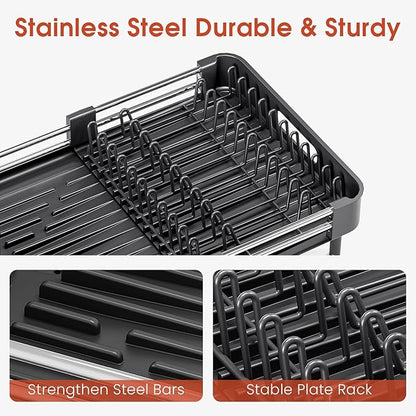 TOOLF Dish Drying Rack with Drainboard, Extendable Dish Rack for Kitchen Counter, Expandable Dish Drainer, Dish Strainer, Foldable Home Countertop Plate Storage Rack with Cutlery Holder, Black