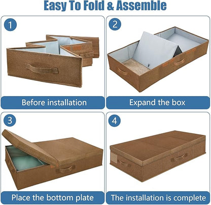 Supowin Underbed Storage Containers Bin with Lids (2pcs) Large Under Bed Storage Organizer Box with Handle, Foldable Under the Storage Bags for Organizing Clothes, Shoes, Blankets, Pillows-Dark brown