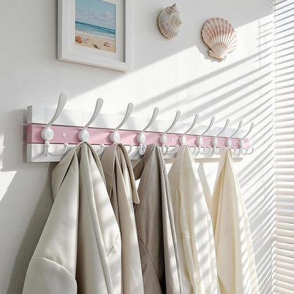 SKOLOO Coastal Coat Rack Wall Mount-38.12" Beach House Entryway Wooden Coat Hook with 10 Hooks for Hanging Coats, Hats or Towels, Oceanfront Cottage Core Collection, White & Palm Beach Pink, Pack of 2