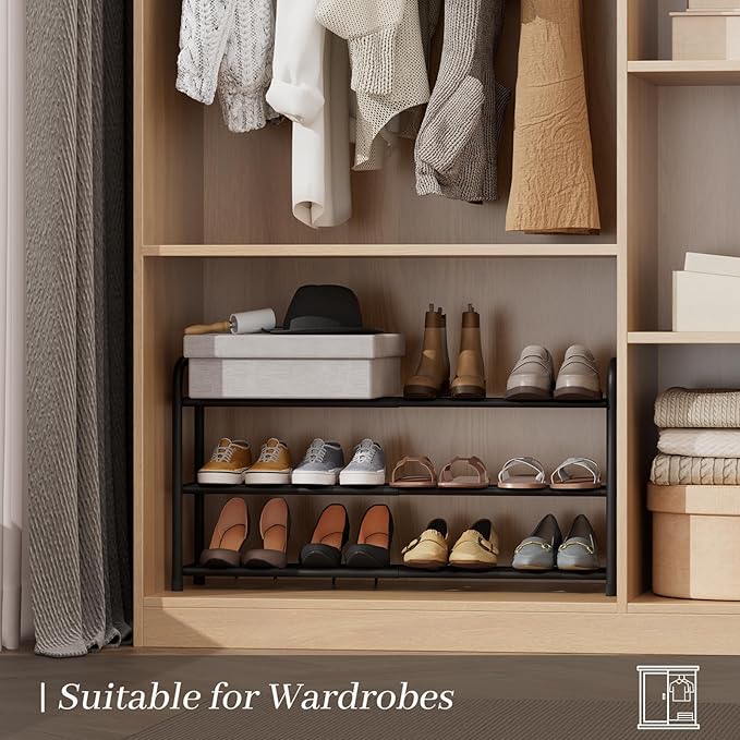 Expandable Shoe Rack, 3-Tier Metal Small Shoe Rack, Adjustable Shoes Organizer, Storage Shelf for Closet, Entryway, Black