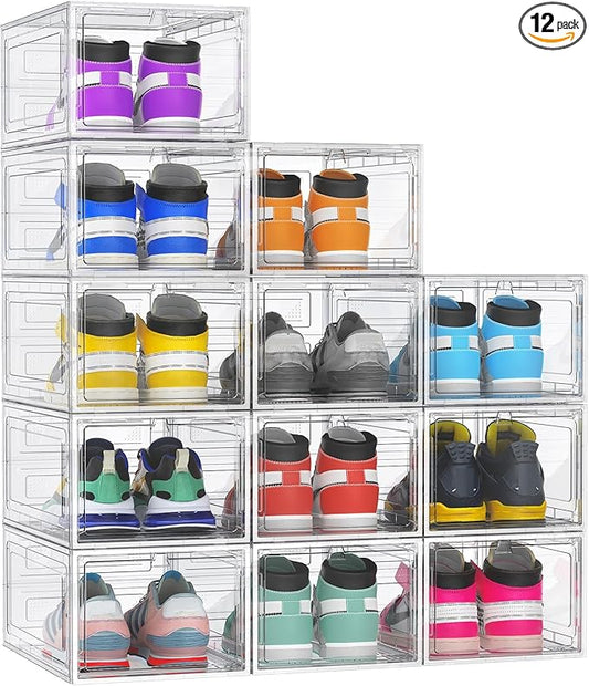 MCIJRJOI 12 Pack Hard Sturdy Thickened Rigid XX Large Shoe Storage Organizer for Closet, Clear Stackable Sneaker Shoe Boxes Rack Containers Display Case Bins with Lids, White