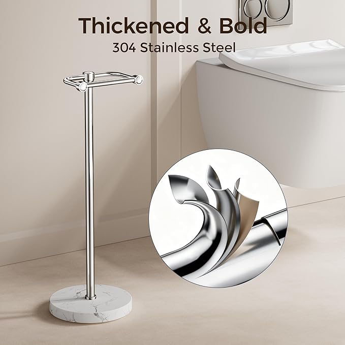Toilet Paper Holder Stand, Bathroom Free Standing Toilet Paper Stand with Modern Marble Base, Post Pivoting Toilet Paper Stand with Stainless Steel Tissue Rack, Rust-Proof & Heavy Base(Chrome)