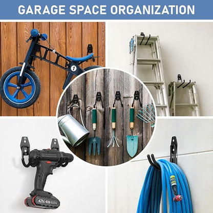 42 Pack Garage Hooks Heavy Duty, Rust-Resistant Solid Steel Wall Mount Hangers for Hanging Ladders & Bikes, Non-Slip PVC Coating Tool Organizer, 5 Sizes U & J Shapes + 6 Straps