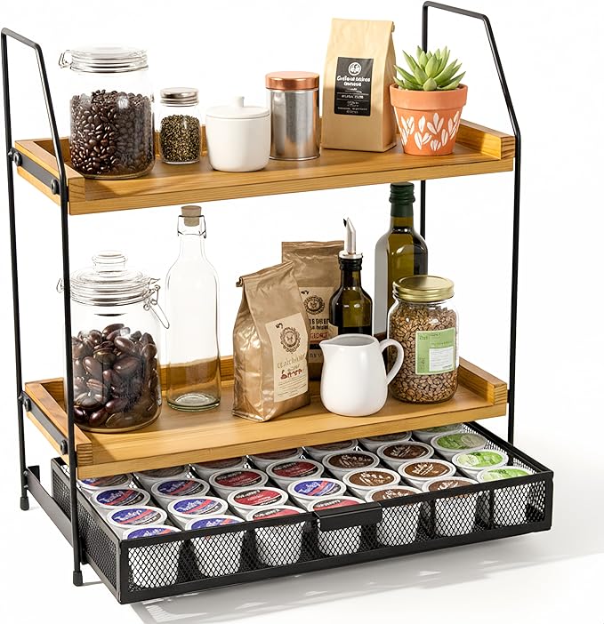 Coffee Bar Organizer Station | 2-Tier Wooden Shelf for K-Cup & Nespresso Pod Storage, Tea Bar Accessories and Coffee Pod Holder for Kitchen,Home, Office Countertop