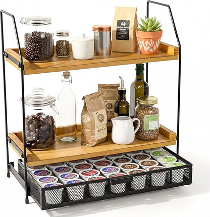 Coffee Bar Organizer Station | 2-Tier Wooden Shelf for K-Cup & Nespresso Pod Storage, Tea Bar Accessories and Coffee Pod Holder for Kitchen,Home, Office Countertop