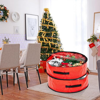 4 Pcs Christmas Wreath Storage Bag, Christmas Garland Storage Container with Clear Window, Zipper & Handle for Xmas Holiday Seasonal Wreath Garland Box(Red,30")