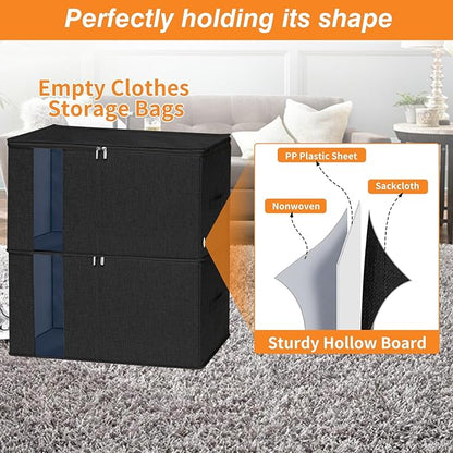 punemi 2 Pack Clothes Storage, Sturdy Blanket Storage Bags with Side Bottom Support, Storage Containers for Organizing Bedroom Closet Clothing Comforter, Organization and Storage W/Lids Handle,Black