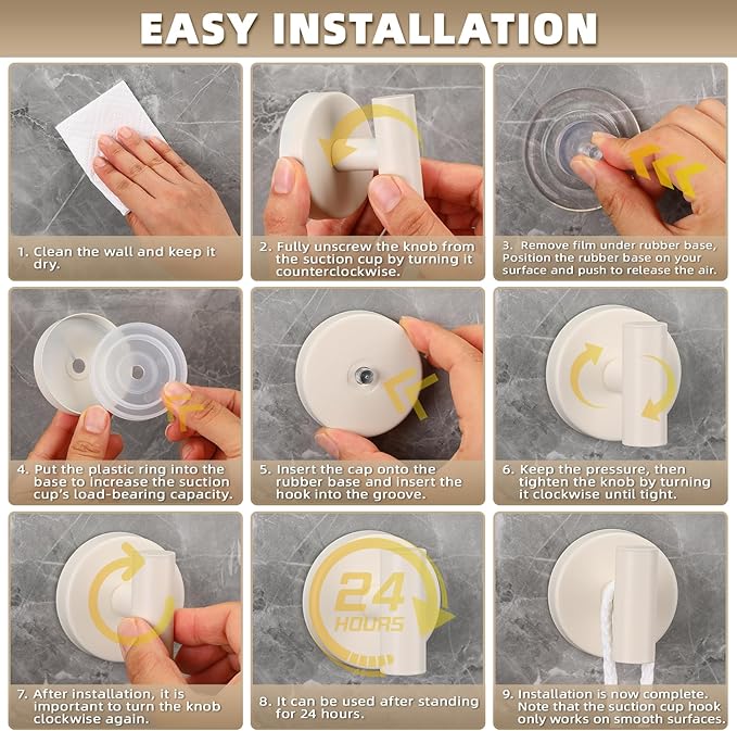 Fenas Suction Cup Hooks for Shower - Bathroom Reusable Hooks for Towels, Robes & Loofah - No-Drill Mounting on Kitchen,Walls,Metal,Glass,Mirrors,Tile & Smooth Non-Porous Surfaces (2, Milk White)
