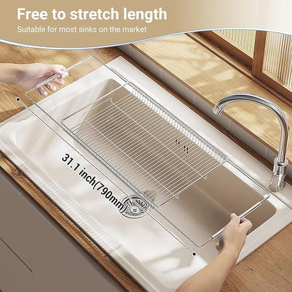 Expandable Over The Sink Dish Drainer Drying Rack, Stainless Steel Metal, Small Adjustable Dish Drainer Drying Rack for Kitchen Counter, Space Saving for Compact Kitchen