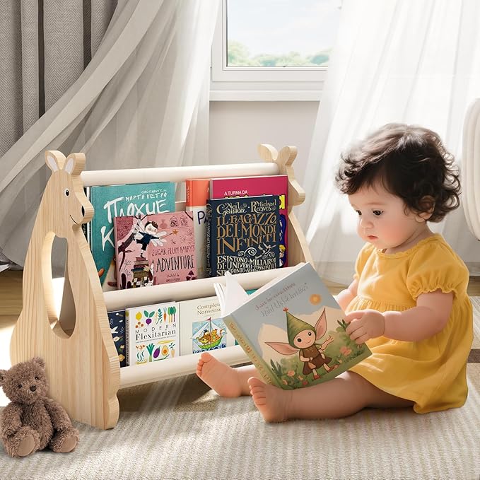 Double Sided Kids Bookshelf –2 Tier Portable Toddler Bookshelf,Book Shelf for Kids Rooms & Playroom,Wooden Montessori Baby Bookshelf,Toddler Book Display Shelves (Nature, Kangaroo)