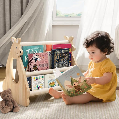 Double Sided Kids Bookshelf –2 Tier Portable Toddler Bookshelf,Book Shelf for Kids Rooms & Playroom,Wooden Montessori Baby Bookshelf,Toddler Book Display Shelves (Nature, Kangaroo)