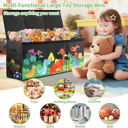 Extra Large Kids Toy Box, Foldable Toy Organizer with Dividers & Lids, 148L Dinosaur Storage Bin for Toddlers Boys Girls, Collapsible Chest for Toys, Books, Bedroom, Playroom, Nursery Black