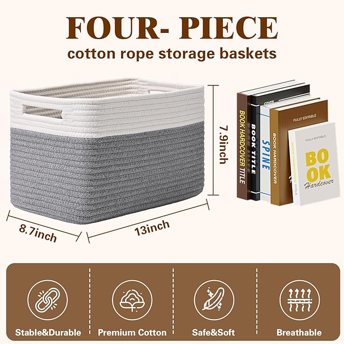 Storage Baskets for Organizing, 4 Pack Storage Baskets for Shelves, Woven Basket for Shelves, Closet Organization, Rectangle Organizer Basket Gifts Empty, 13"Lx8.7"Wx7.9"H Decorative Bins with Handles