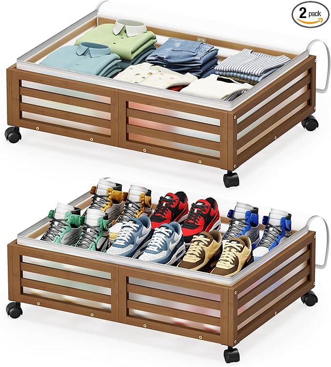 Wisuce Home Under Bed Storage Containers With Wheels - 2 Pcs Bamboo Wood Rolling Underbed Shoe Storage Bins With Dust Bags for Clothes Blankets, Duvet Covers Snacks Toys (Walnut)