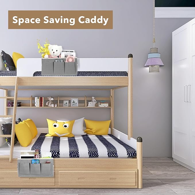 Kanrichu 2Pcs Beside Caddy Storage Organizer, Hanging Bag Holder with Pockets for Bedroom, Loft Bed Tent, Bed Curtain, Top Bunk bed Shelf Accessories Bedside Caddy 3-pocket (Pink-2pcs)