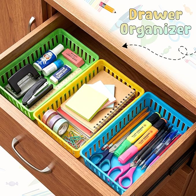 Wenqik Set of 12 Plastic Baskets for Organizing 10.24 x 6.5 x 2.36 Inch Rectangular Trays Plastic Organizer Bins Rectangle for Desk Organization (Colorful)
