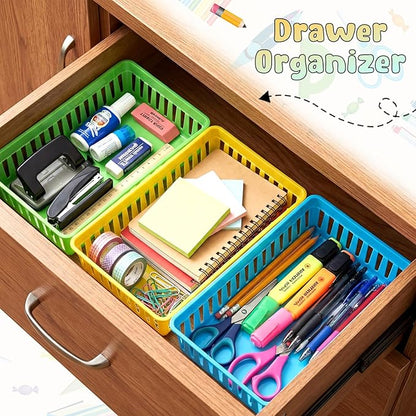 Wenqik Set of 12 Plastic Baskets for Organizing 10.24 x 6.5 x 2.36 Inch Rectangular Trays Plastic Organizer Bins Rectangle for Desk Organization (Colorful)