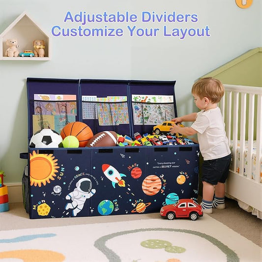 Unicorn Castle Toy Box with Adjustable Divider Toy Chest Storage Large Toy Storage Organizer Bin Collapsible with Lid Pockets for Nursery Playroom,Blue Astronaut