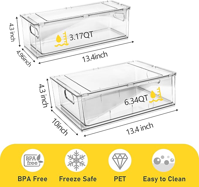 Greenby 4 Pack Refrigerator Organizer Bins with Pull-out Drawer Stackable Clear Fridge Drawer Organizer Fruit Vegetable Storage Containers for Kitchen Pantry Organization (2 Large+2 Small)