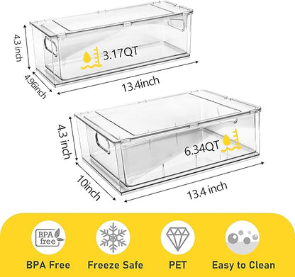 Greenby 4 Pack Refrigerator Organizer Bins with Pull-out Drawer Stackable Clear Fridge Drawer Organizer Fruit Vegetable Storage Containers for Kitchen Pantry Organization (2 Large+2 Small)