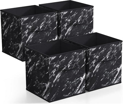 Sorbus Collapsible Fabric Storage Cubes - 11" Foldable Organization Baskets with Handle - 4 Black Marble for Pantry, Closet, Nursery, Dorm, Toy Storage
