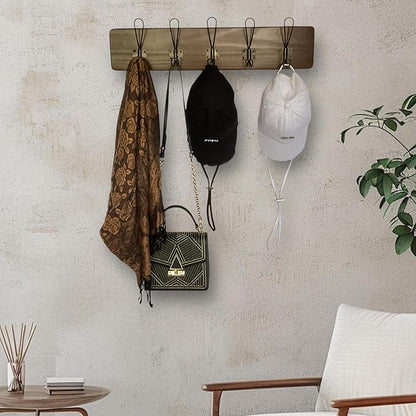 Wooden Coat Rack Wall Mount, 24" Pine with 5 Heavy Duty Antique Gold Hooks, Distressed Espresso Rustic Farmhouse for Entryway, Hallway, Bathroom, or Bedroom