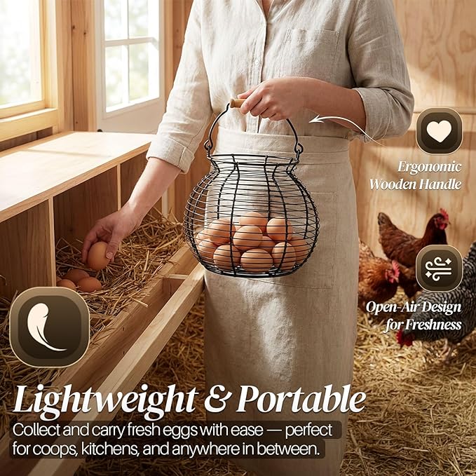 Flexzion Egg Basket for Gathering Fresh Eggs - Round Wire Countertop Egg Holder with Wooden Handles, Farmhouse Chicken Eggs Collecting Basket Storage for Countertop, Kitchen Organizer and Farm (Black)