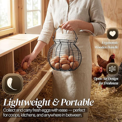Flexzion Egg Basket for Gathering Fresh Eggs - Round Wire Countertop Egg Holder with Wooden Handles, Farmhouse Chicken Eggs Collecting Basket Storage for Countertop, Kitchen Organizer and Farm (Black)