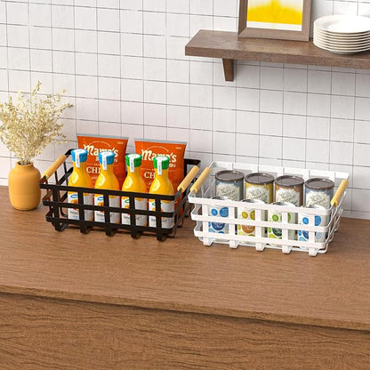 Farmhouse Baskets Wood Handle Pantry Organizer, Metal Bins for Kitchen Shelf Cabinets, Matte Black, 2 Pack