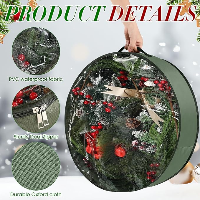 4 Pack Wreath Storage Container, 24 Inch Christmas Wreath Storage Box with Clear Window and Handles Upgrade Oxford Cloth Garland Bags with Dual Zipper for Xmas Wrapping, Green