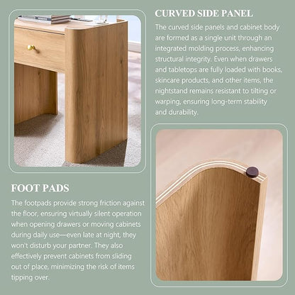 IFGET 23.6" Tall Modern Nightstand Set of 2, 22" Wide Curved Bedside Table with Charging Station, Wooden Night Stand with 1 Storage Drawer, Large End Table for Bedroom, Living Room, Natural