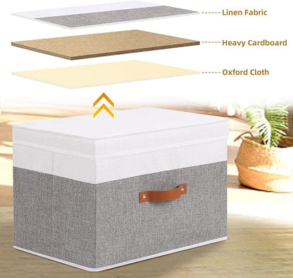1 Pack Storage Bin with Lid, Collapsible Box, 15 x 9.8 x 9.8 Inch Storage Basket with Double Handles for Bedroom, White and Grey