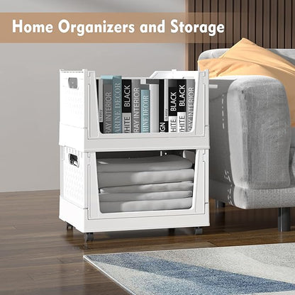 Stackable Plastic Storage Basket, 3 Pack Foldable Closet Organizers and Storage Bins with Wheels, Collapsible Drawer Shelf Storage Box Container for Office Bedroom Closet Wardrobe Kitchen Bathroom