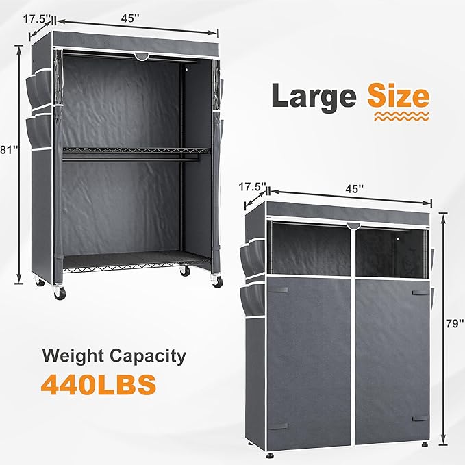 Raybee Clothes Rack with Cover, 81" H Clothing Racks for Hanging Clothes, Portable Closet with Wheels, Heavy Duty Garment Rack with Side Pockets and Adjustable Feets, Max Load 440LBS, Black