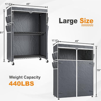 Raybee Clothes Rack with Cover, 81" H Clothing Racks for Hanging Clothes, Portable Closet with Wheels, Heavy Duty Garment Rack with Side Pockets and Adjustable Feets, Max Load 440LBS, Black